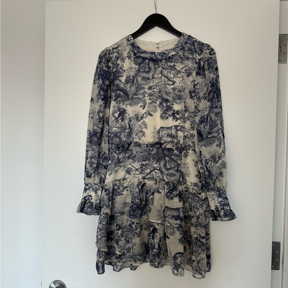 Bloomingdale’s Aqua Toile Print Ruffled Long Sleeve Dress - Picture 4 of 5